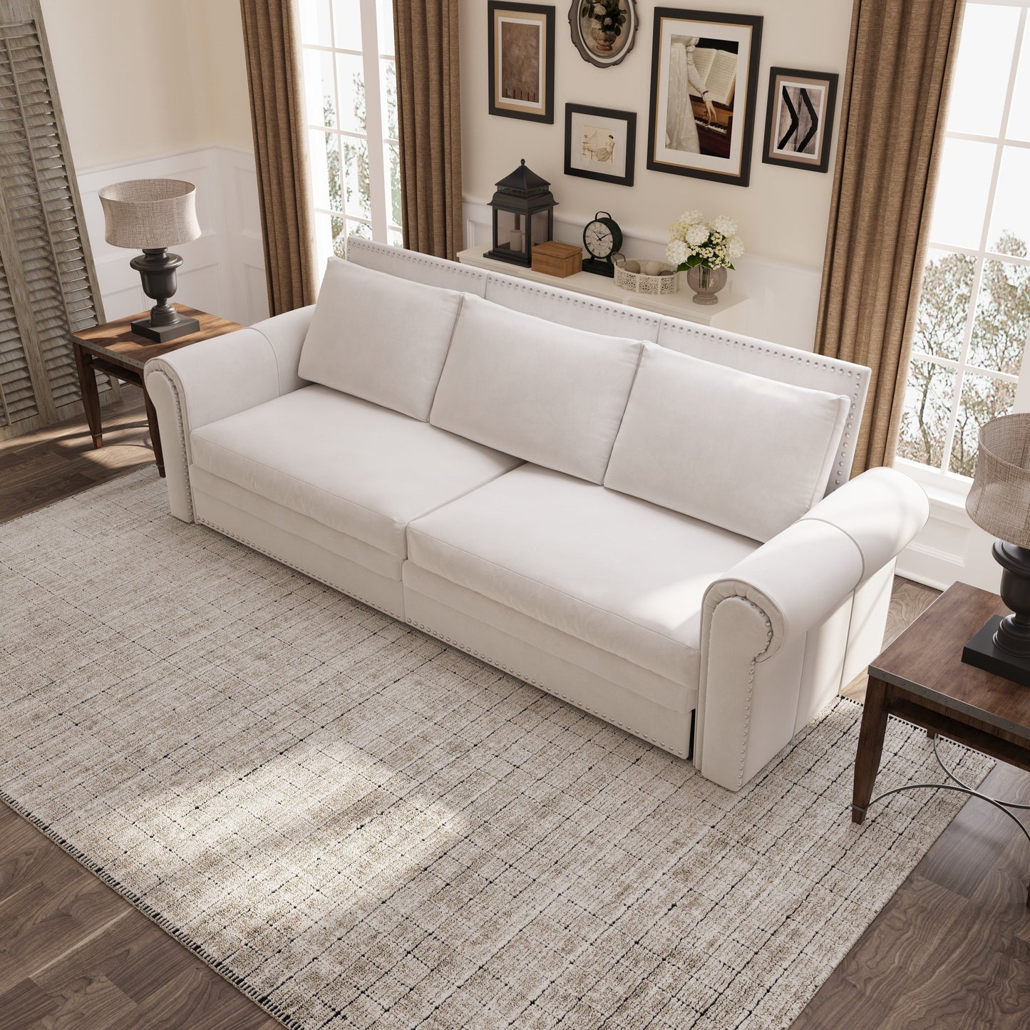 NEW King  Beige Chesterfield Sofa, 3-in-1 Velvet Convertible Sleeper Sofa with Nail head Trim Pull