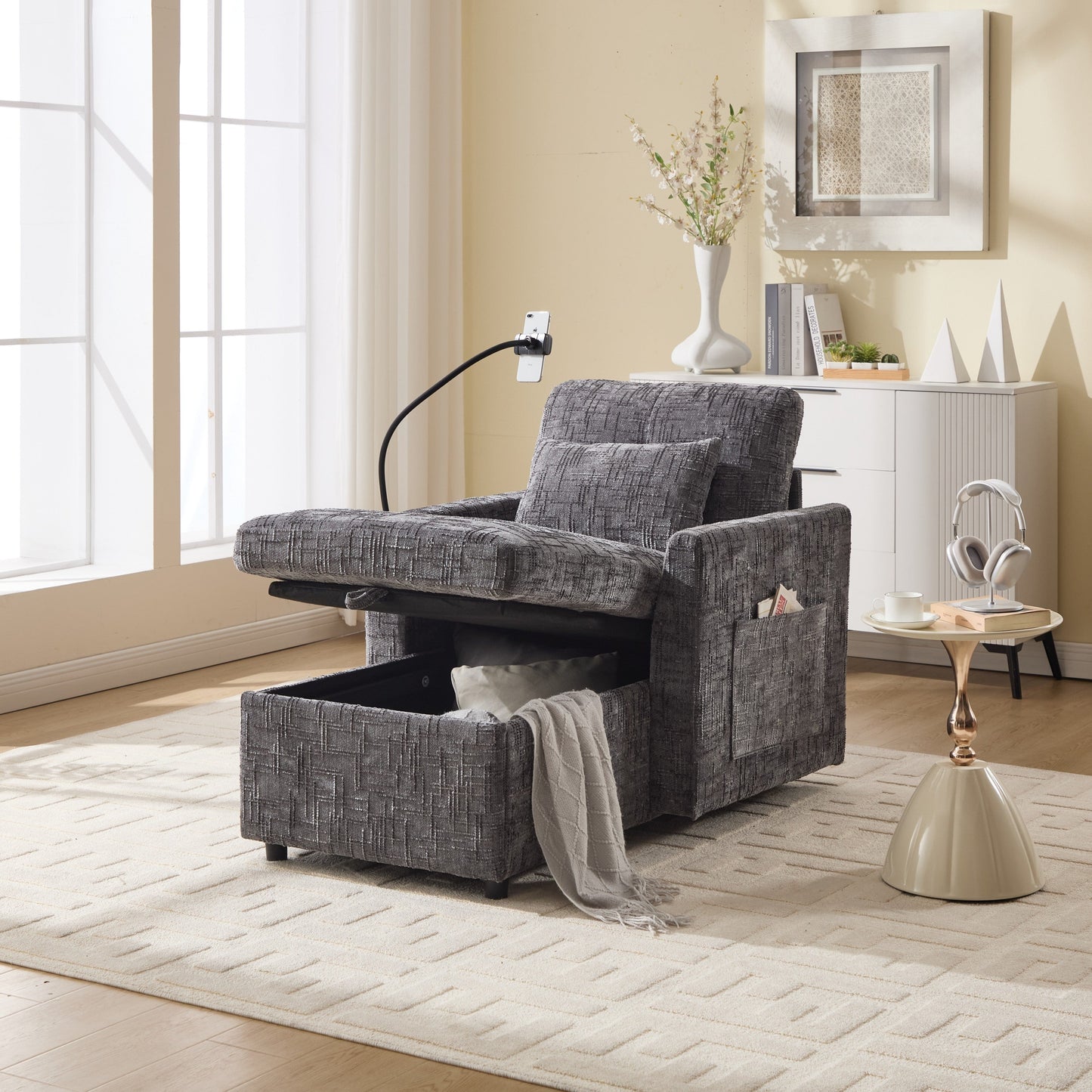 NEW Multifunctional Recliner with Storage Backrest and Cell Phone Bracket in Gray Chenille for Living Room and Bedroom
