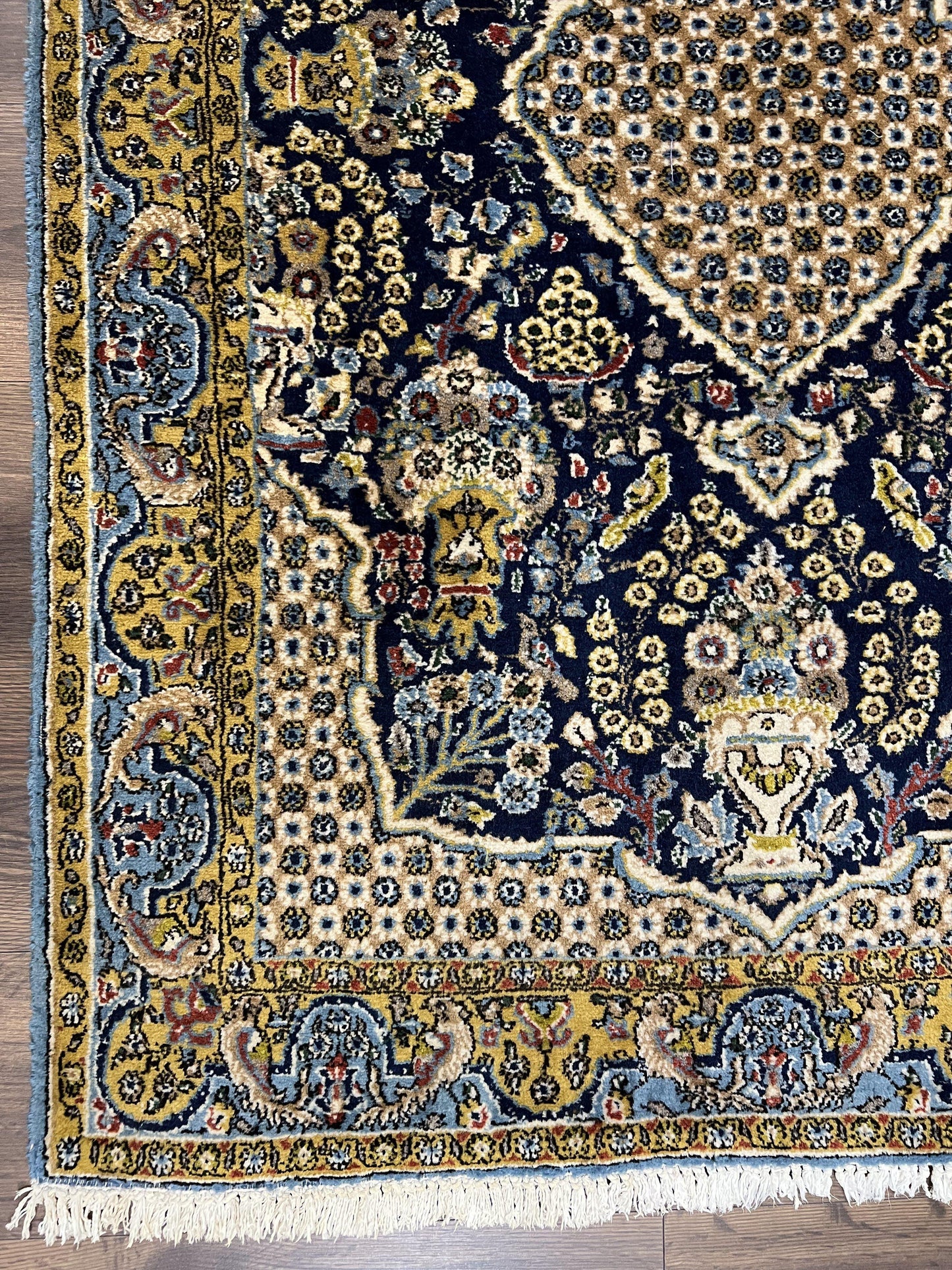 USED Fine Persian Qum Rug 3x5, Semi Antique Vintage Oriental Ghom Carpet, Floral Medallion, Highly Detailed, Hand Knotted, Navy Blue, Wool Area Rug, Birds