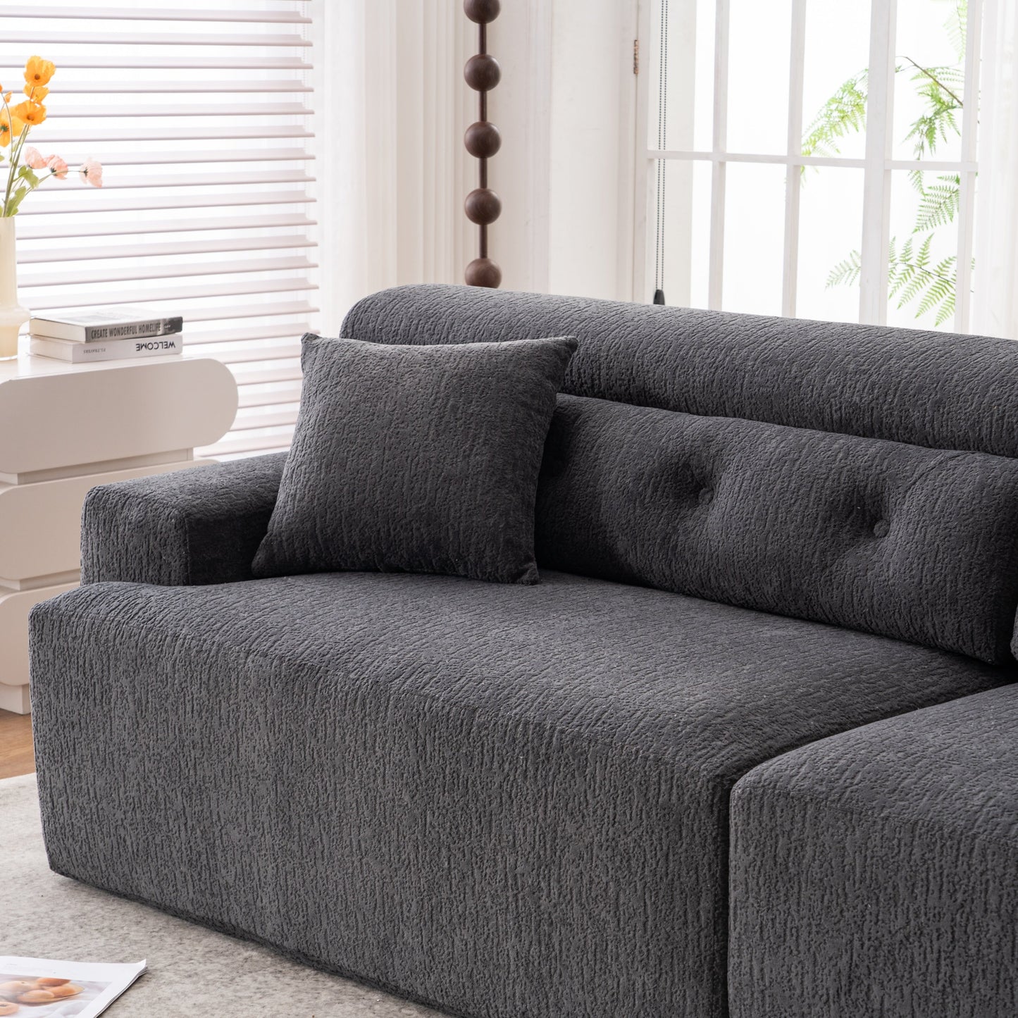 NEW LY-029 Gray 4-Seater Wood Grain Chenille Fabric Full Sponge Compression Sofa with 2 Pillows