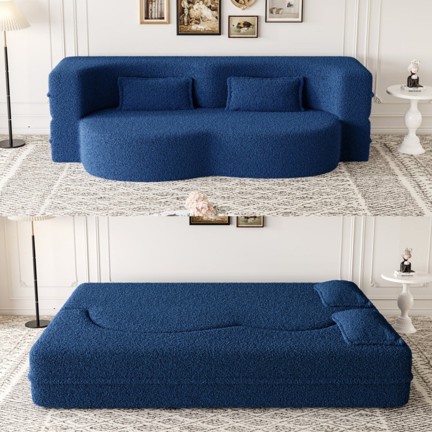 NEW Modern Blue Convertible Teddy Fabric Foam Filled Sleeper Sofa Bed 15' Full Size Folding Mattress Floor with 2 Pillows