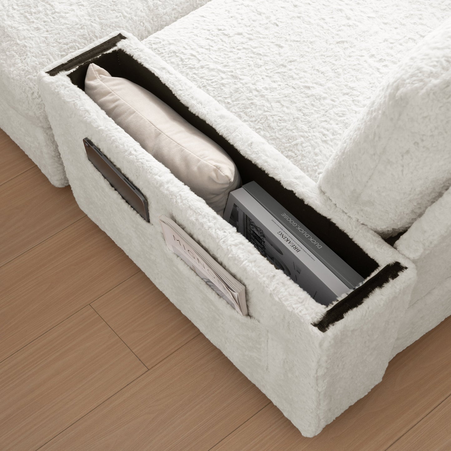 NEW Luxurious Faux Rabbit Fur Oversized Chaise Lounge Sofa Bed with Storage Ottoman Armrests and Cup Holders