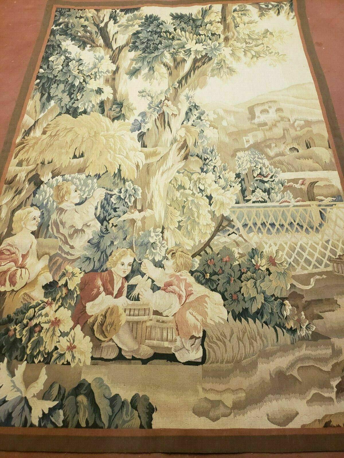 USED 4' X 6' Tapestry French Design Handmade Aubusson Weave Nature One Of A Kind