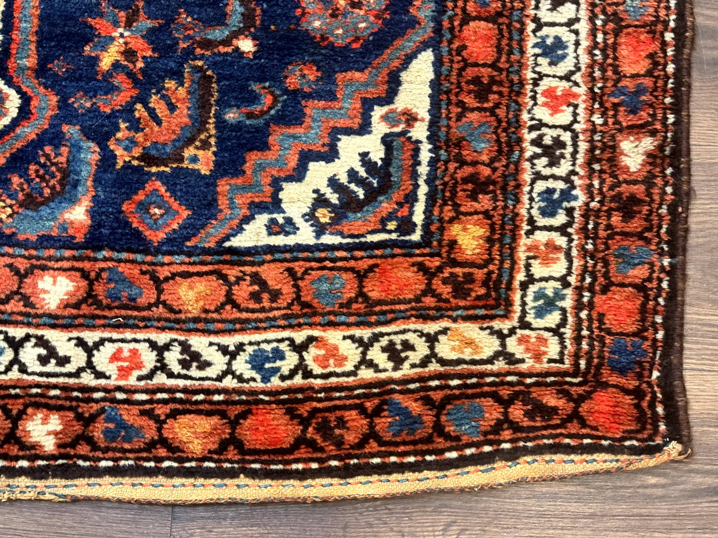 USED Antique Persian Hamadan Rug 4x6, Geometric, Double Medallions, Navy Blue, Tribal Carpet