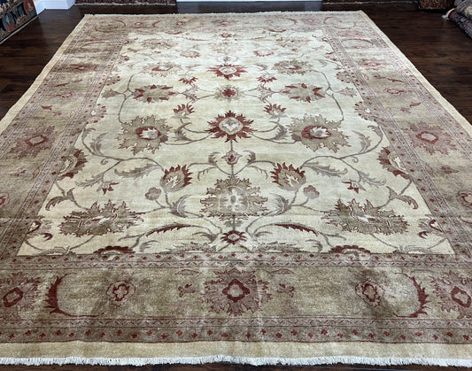 USED Large Peshawar Rug 11x14, Vintage Beige Chobi Carpet, Allover Floral Design, Hand Knotted, Wool, Room Sized Rug for Living Room Dining Room