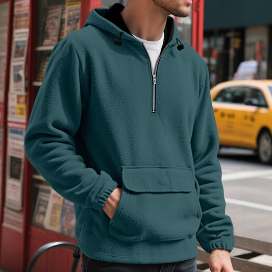 New Padded Fleece Sweater Solid Color Half Zip Hooded Work Clothes Pullover