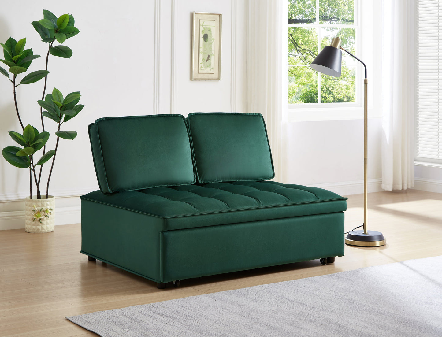 NEW Convertible Modern Green Velvet Fabric Double Seat Loveseat Sleeper Sofa Bed with 2 Detachable Backs