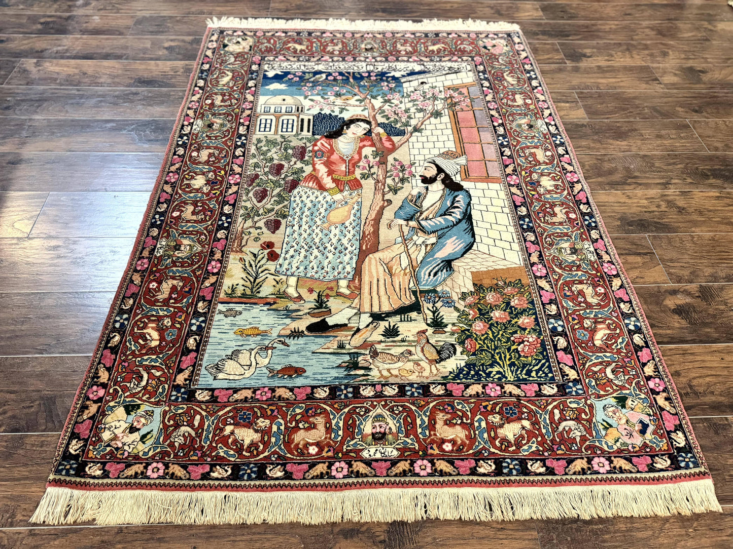 USED Wonderful Persian Kashan Pictorial Rug 4.7 x 6.5, Persian Rug for Wall Hanging, Handmade Antique Wool Carpet Animal Motifs Poetry Lovers, 240 KPSI