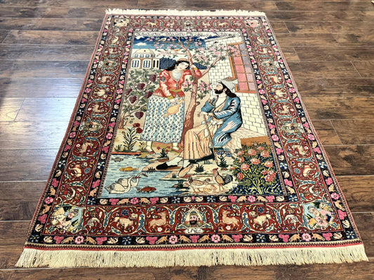 USED Wonderful Persian Kashan Pictorial Rug 4.7 x 6.5, Persian Rug for Wall Hanging, Handmade Antique Wool Carpet Animal Motifs Poetry Lovers, 240 KPSI