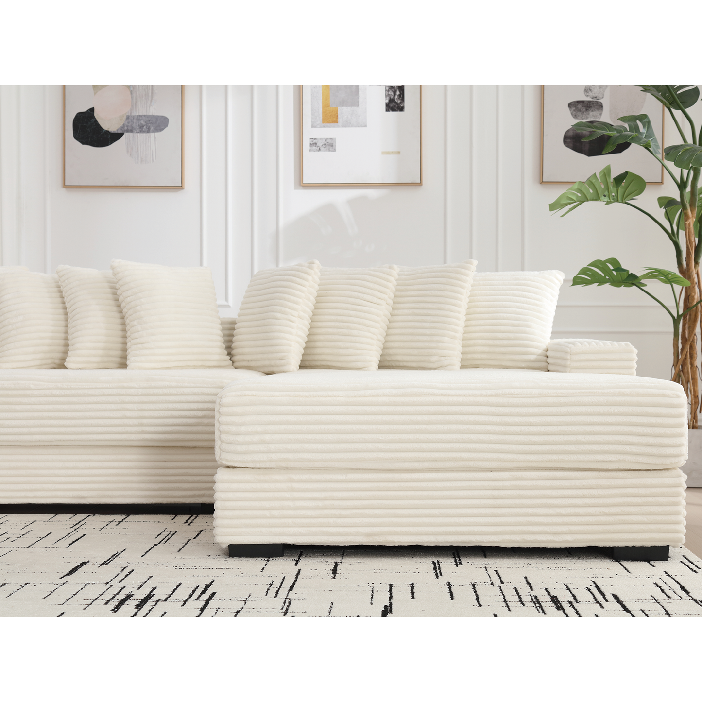NEW Beige Corduroy Oversized Two-Piece L Shaped Sofa Couch (Right Chaise Daybed Corner with Armrests and Eight Throw Pillows