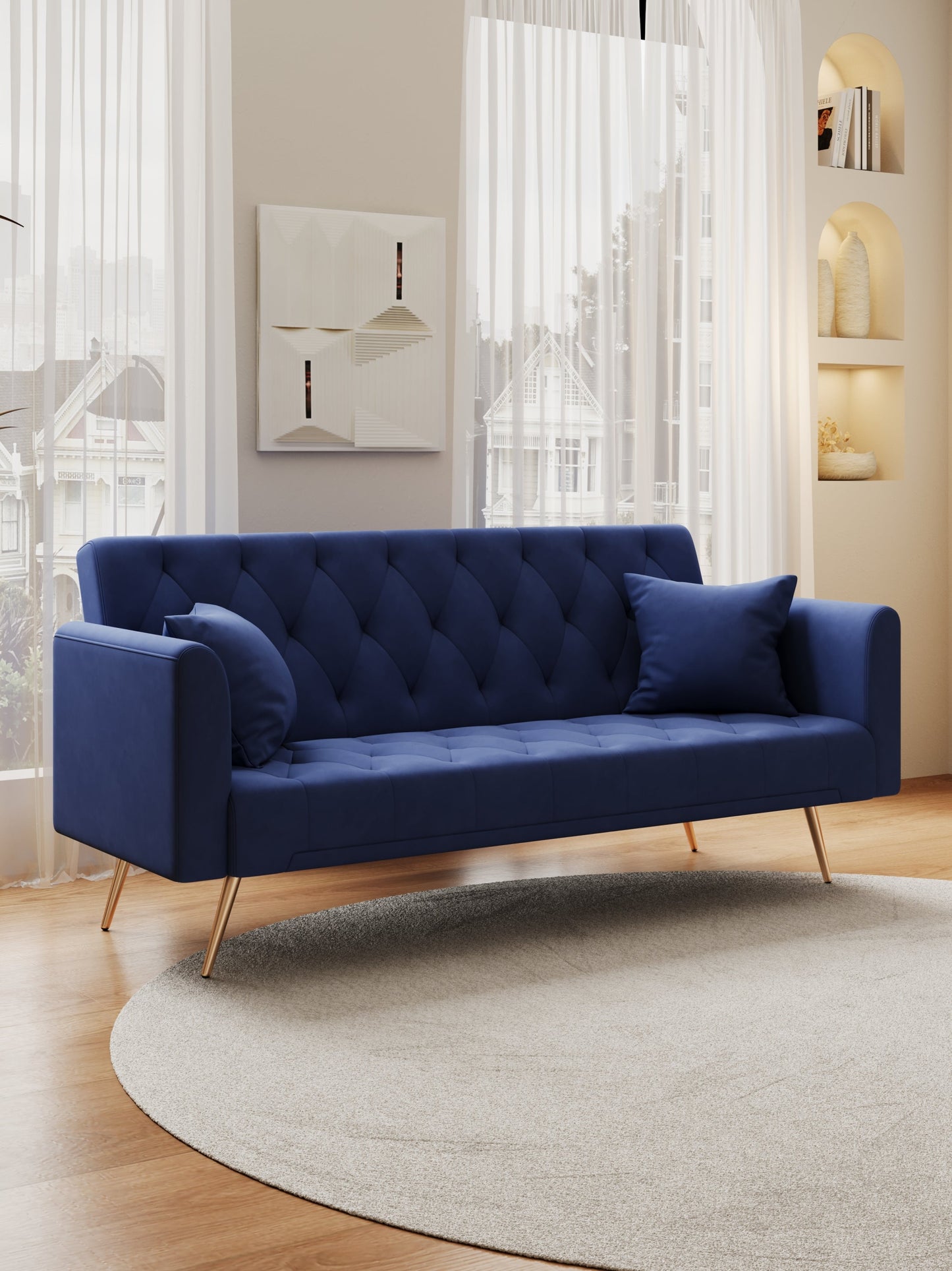 NEW 71-inch convertible love seat sofa, American retro blue velvet material, suitable for small living room, bedroom, office