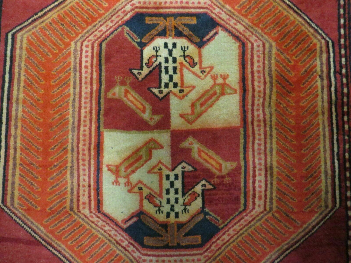 USED 4' 10" X 11' Antique Handmade Turkish Kazak Wool Rug SHIELD Hand Knotted Red