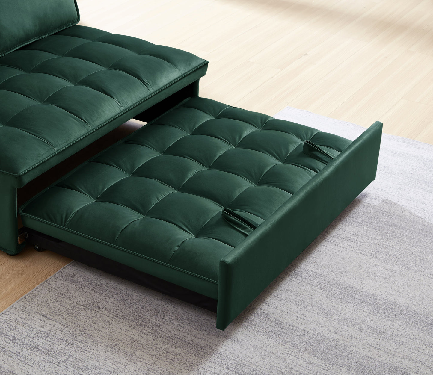 NEW Convertible Modern Green Velvet Fabric Double Seat Loveseat Sleeper Sofa Bed with 2 Detachable Backs