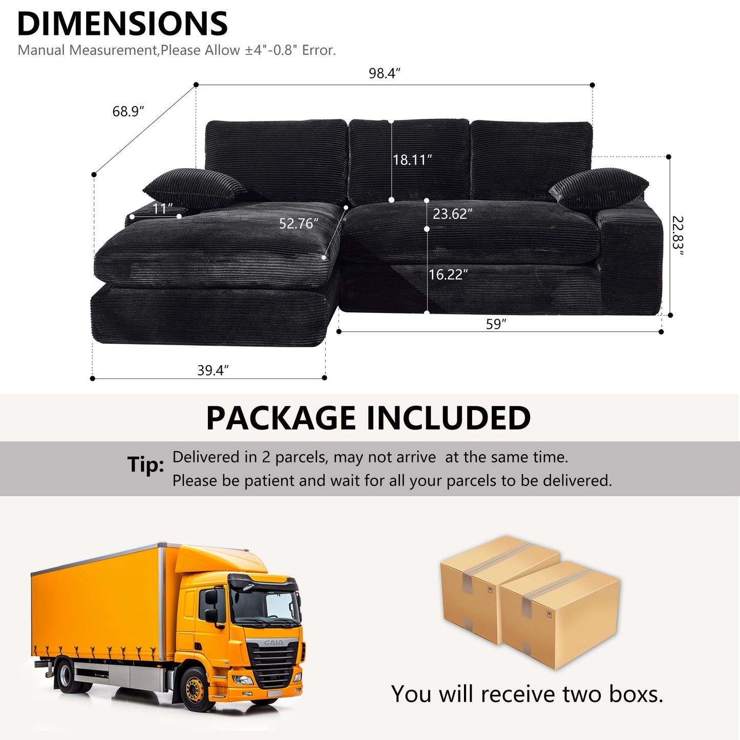 NEW 99*69' Modular Sectional Living Room Sofa Set, Modern Minimalist Style Couch, Upholstered Sleeper Sofa for Living Room, Bedroom, 2 PC Free Combination, Installation-free Sofa, L-Shape, Black