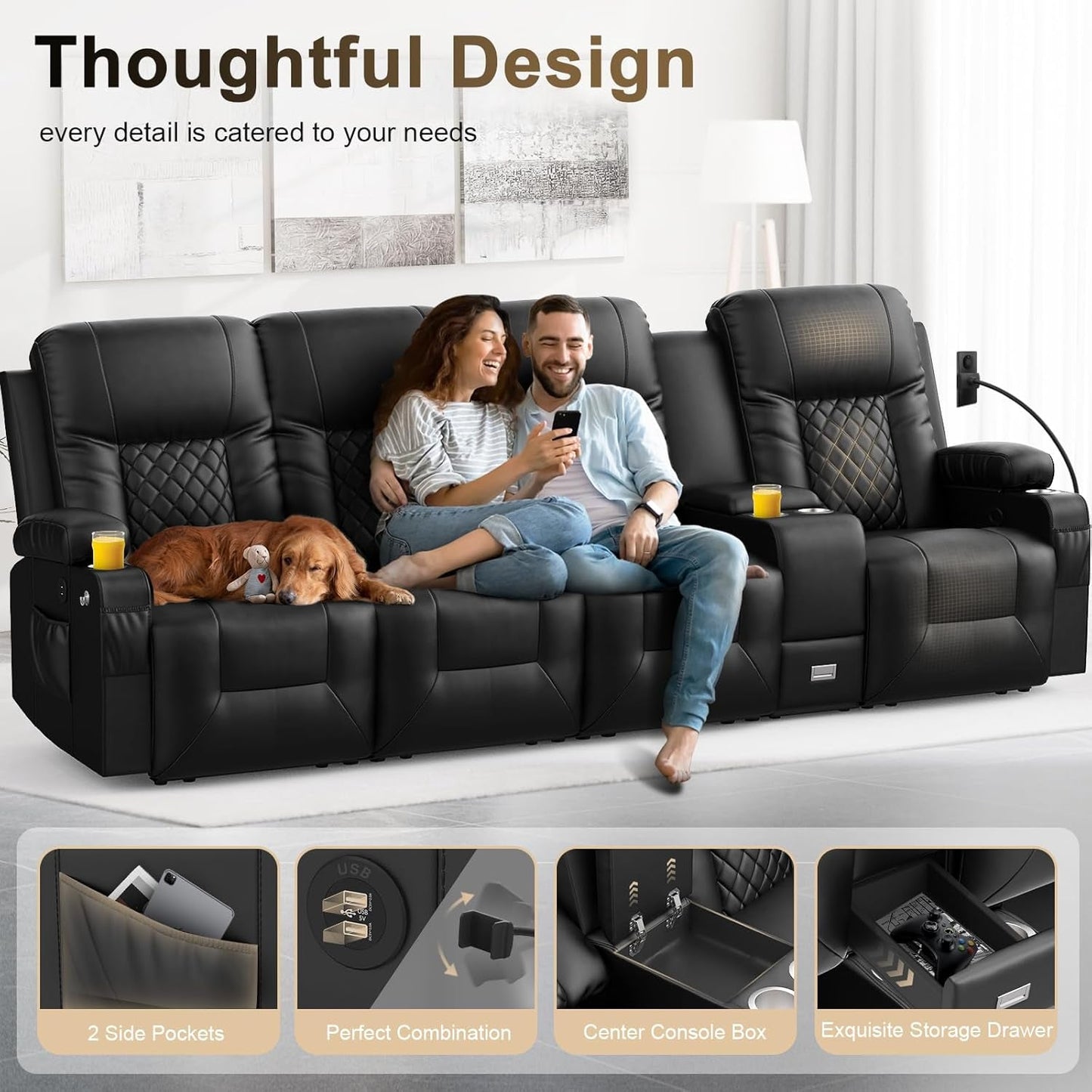NEW 4 Seat Recliner Sofa With USB Ports And Storage Console