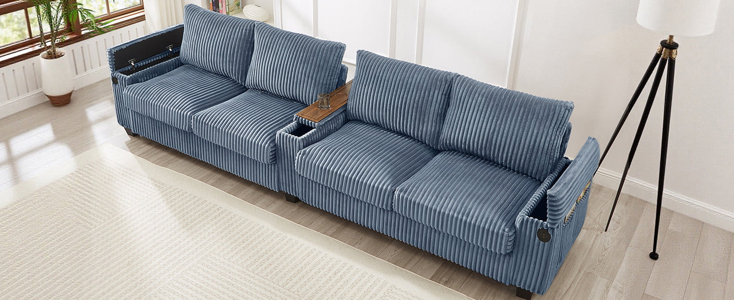 NEW Modern 4-Seater Corduroy Sofa Couch with USB Ports, Hidden Storage, Flip-Top Cup Holders, Blue, 133'