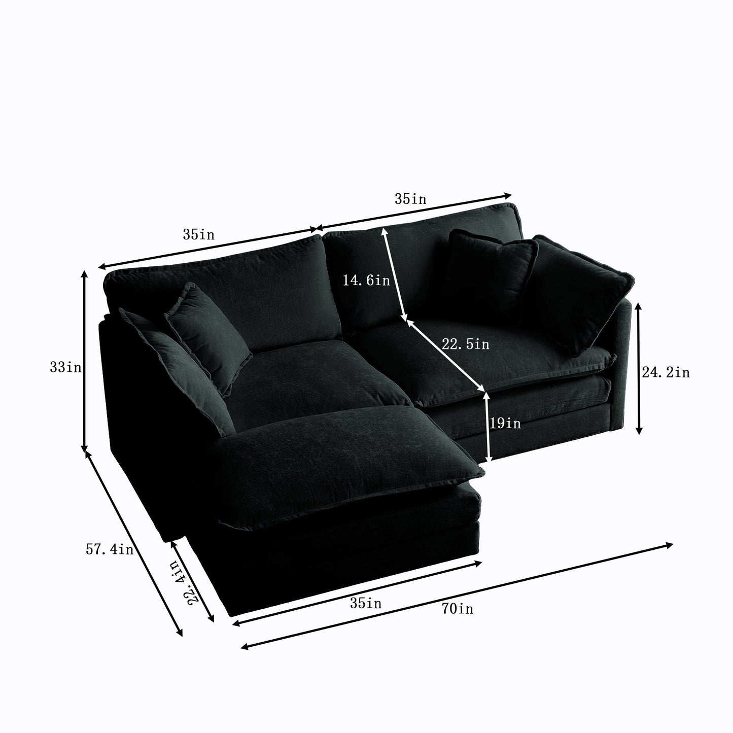 NEW Chenille Two-Seater Sofa with 1 Footrest, 2 Seater L-Shaped Sectional with Ottoman,Loveseat with Ottoman for Small Living Space, Black Chenille