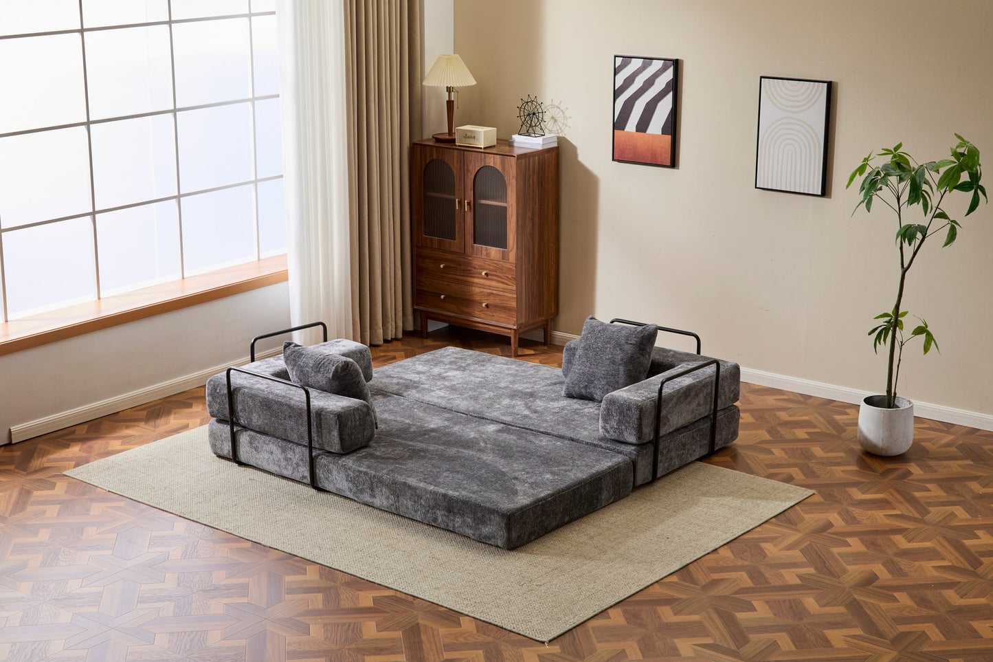 NEW Floor Couch,Compression Sofa,Convertible Floor Sofa Bed-with Pillow Back Support Armrest,Comfy Futon Couch Lounge Sleeper Bed,Chenile fabric,for Living Room Bedroom (DARK-GREY)