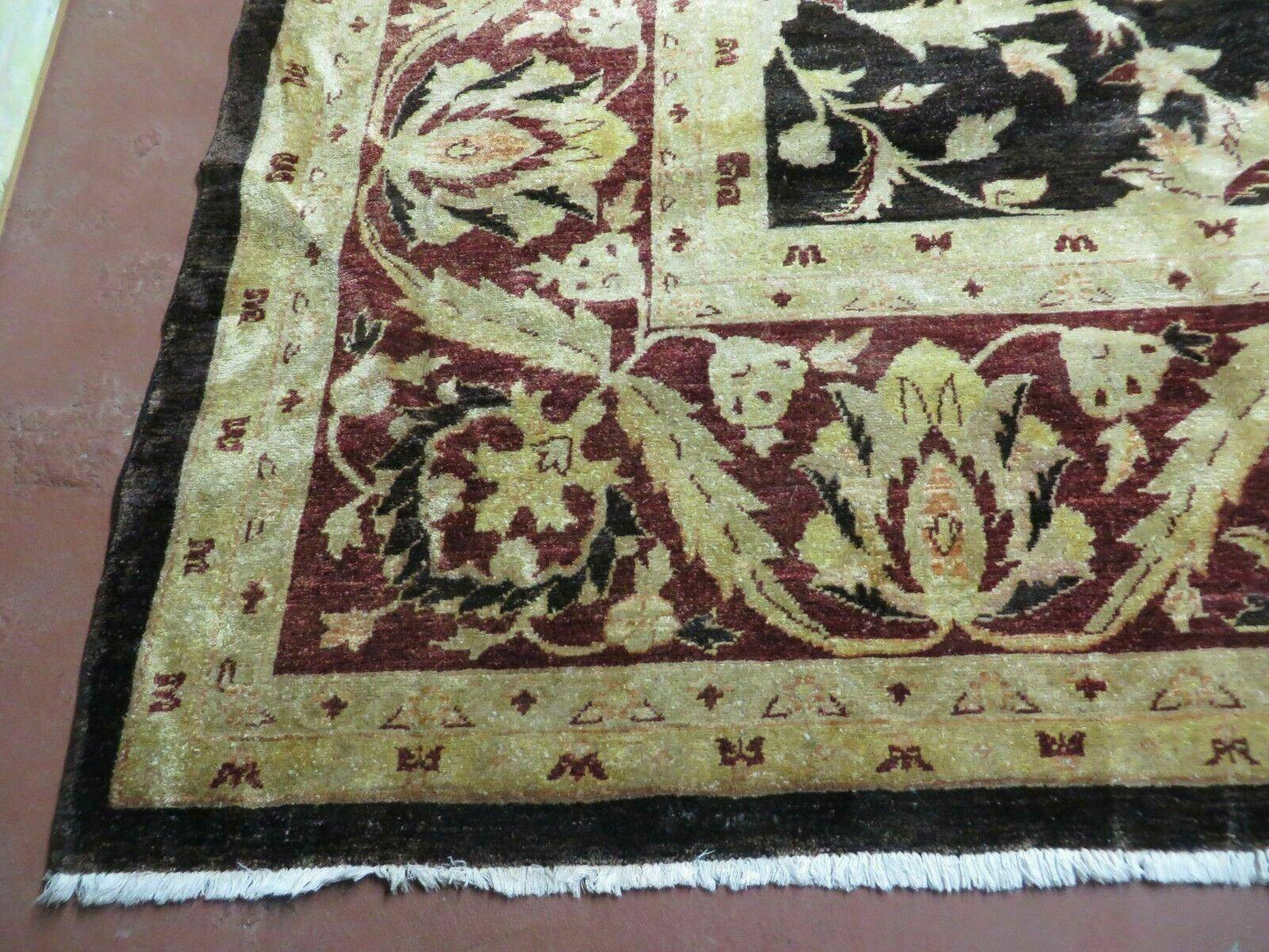USED 11' X 15' Vintage Hand Knotted Indian Agra Wool Rug Hand Made Dark Brown Floral