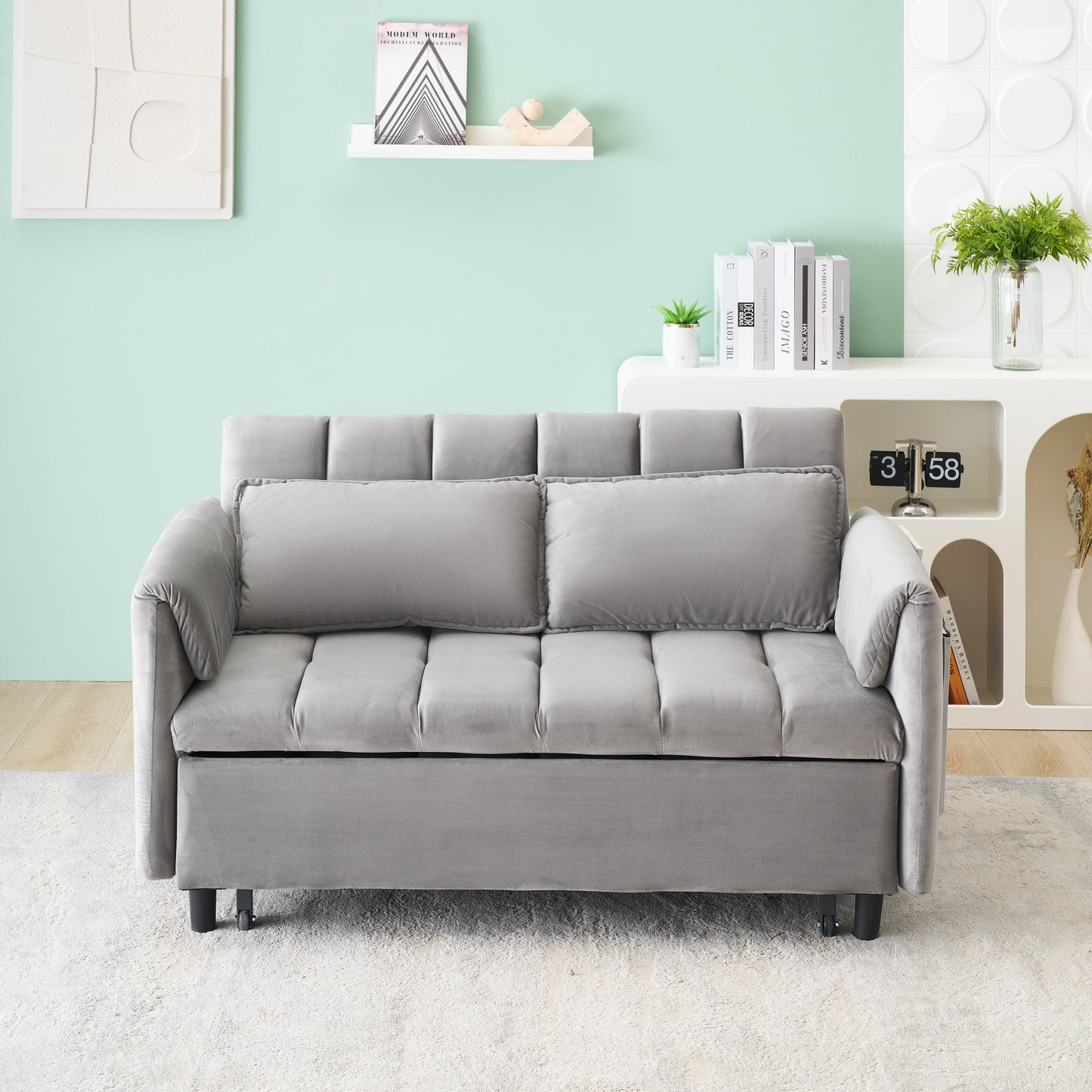 NEW 52 'grey modern velvet sofa, sofa pullout bed, small love seat casual sofa with back, pillow, pockets, living room furniture, 3 in 1 convertible sleep sofa bed.