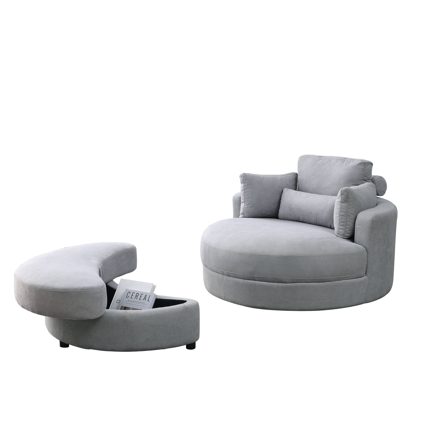 NEW We Like Swivel Accent Barrel Modern Grey Sofa Lounge Club Big Round Chair with Storage Ottoman Linen Fabric with Pillows
