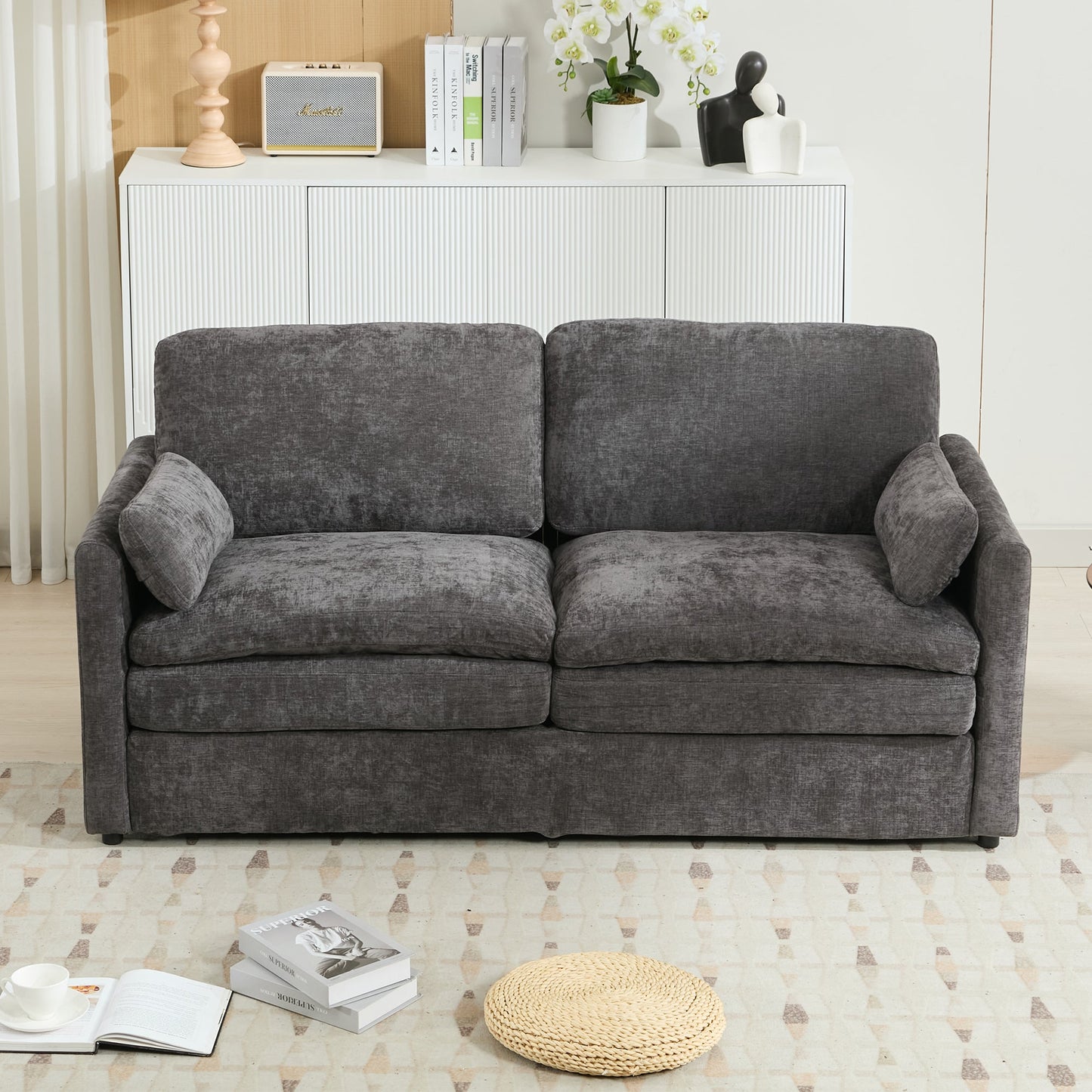 NEW Gray Premium Chenille Fabric Upholstered Rolled Arm Loveseat with Lumbar Pillow