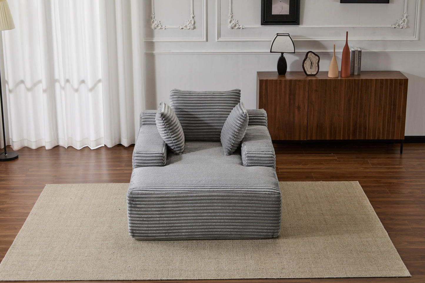 NEW Grey Oversized Chaise Lounge Chair Cozy Cloud Couch Modern Plush Corduroy Upholstered Sleeper Sofa Daybed with 3 Throw Pillows and Wide Armrest
