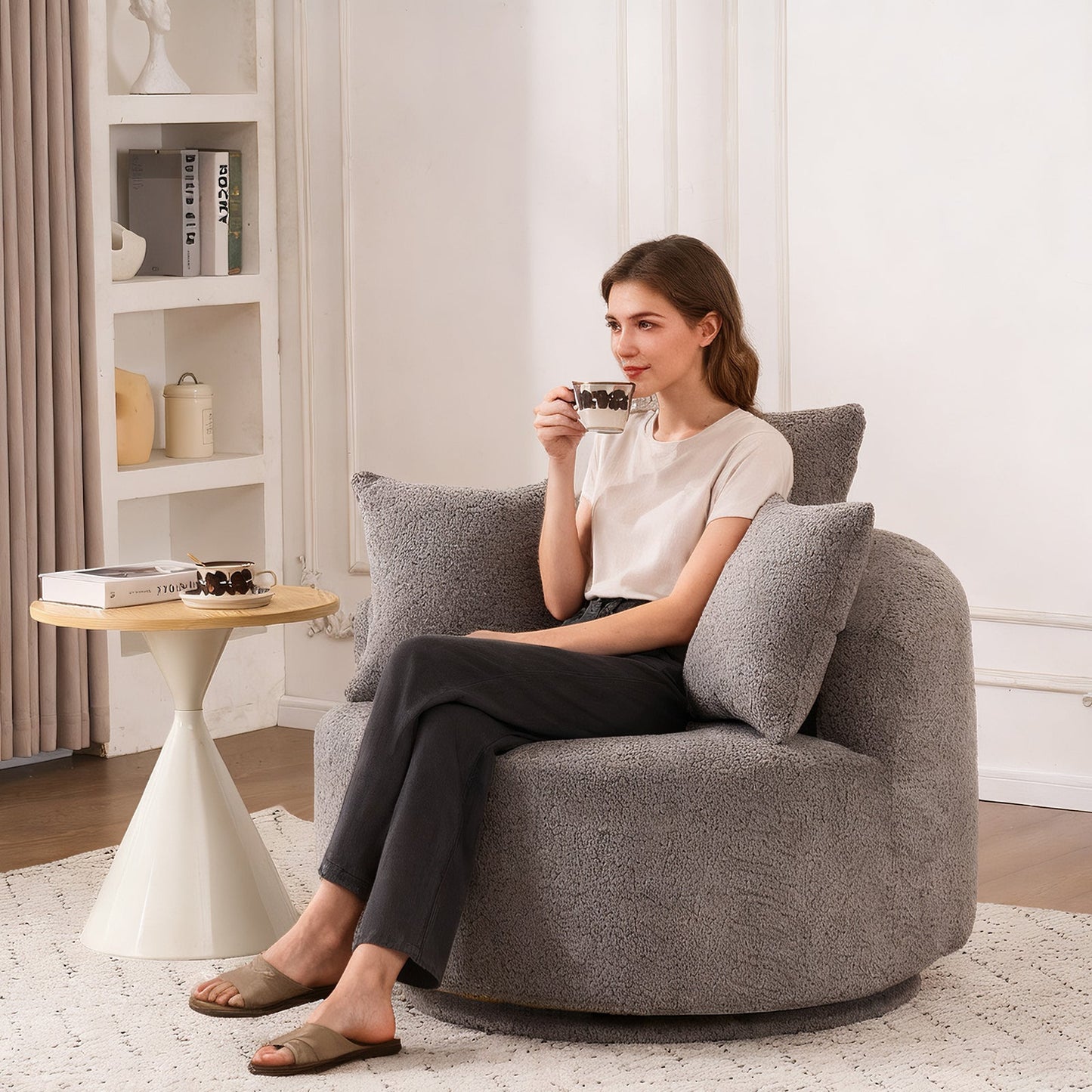 NEW 360° Swivel Round Grey Upholstered Accent Barrel Chair with 3 Removable Pillows