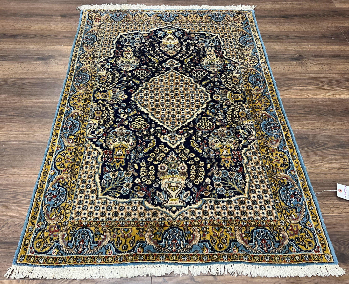 USED Fine Persian Qum Rug 3x5, Semi Antique Vintage Oriental Ghom Carpet, Floral Medallion, Highly Detailed, Hand Knotted, Navy Blue, Wool Area Rug, Birds