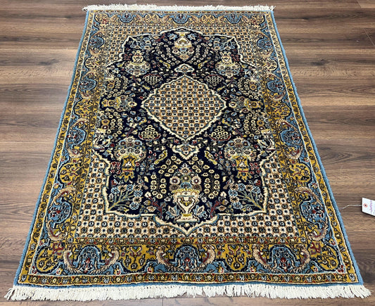 USED Fine Persian Qum Rug 3x5, Semi Antique Vintage Oriental Ghom Carpet, Floral Medallion, Highly Detailed, Hand Knotted, Navy Blue, Wool Area Rug, Birds