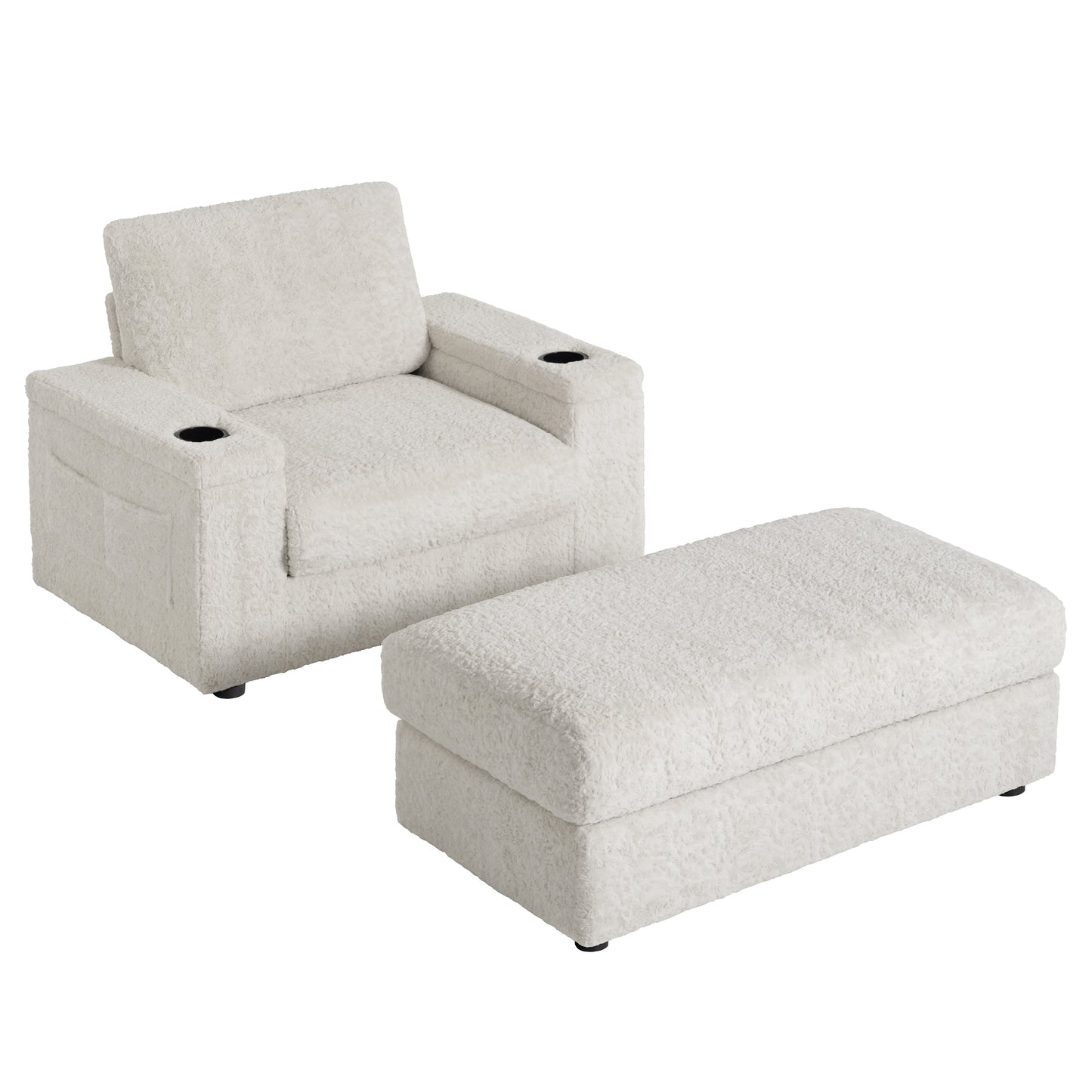 NEW Luxurious Faux Rabbit Fur Oversized Chaise Lounge Sofa Bed with Storage Ottoman Armrests and Cup Holders