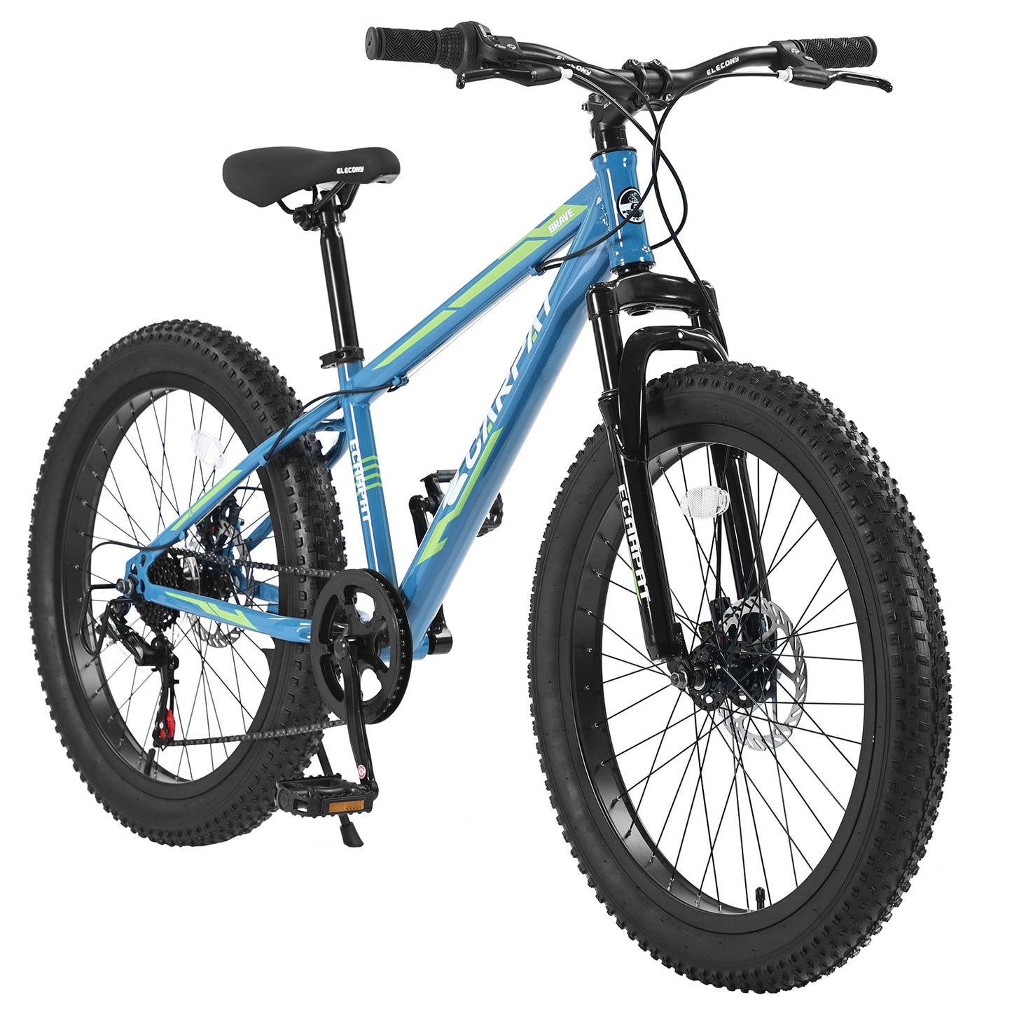 NEW S24109 Elecony 24 Inch Fat Tire Bike Adult/Youth Full Shimano 7 Speeds Mountain Bike, Dual Disc Brake, High-Carbon Steel Frame, Front Suspension, Mountain Trail Bike, Urban Commuter City Bicycle