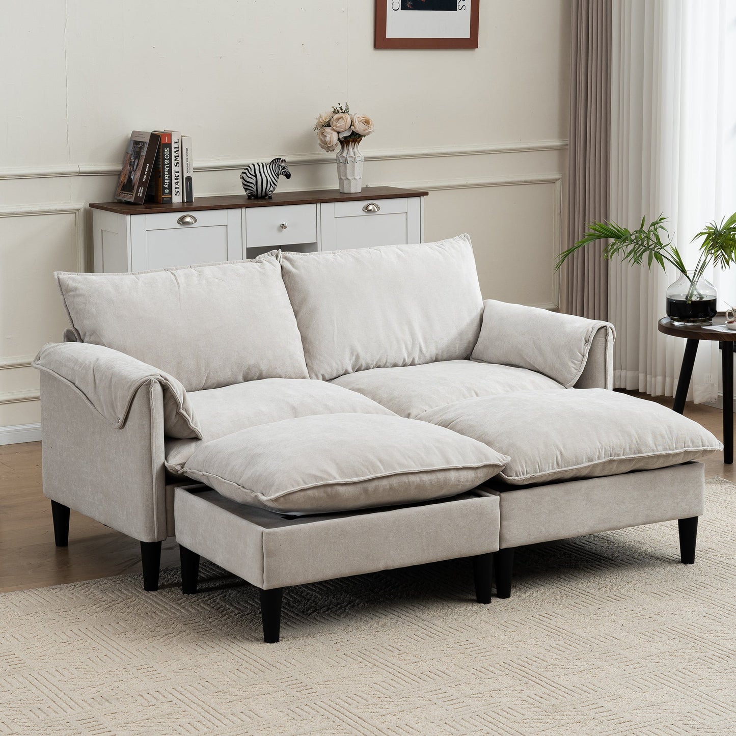 NEW Beige Multi-Functional Fabric Metal Frame Modern Style Pull Out Loveseat