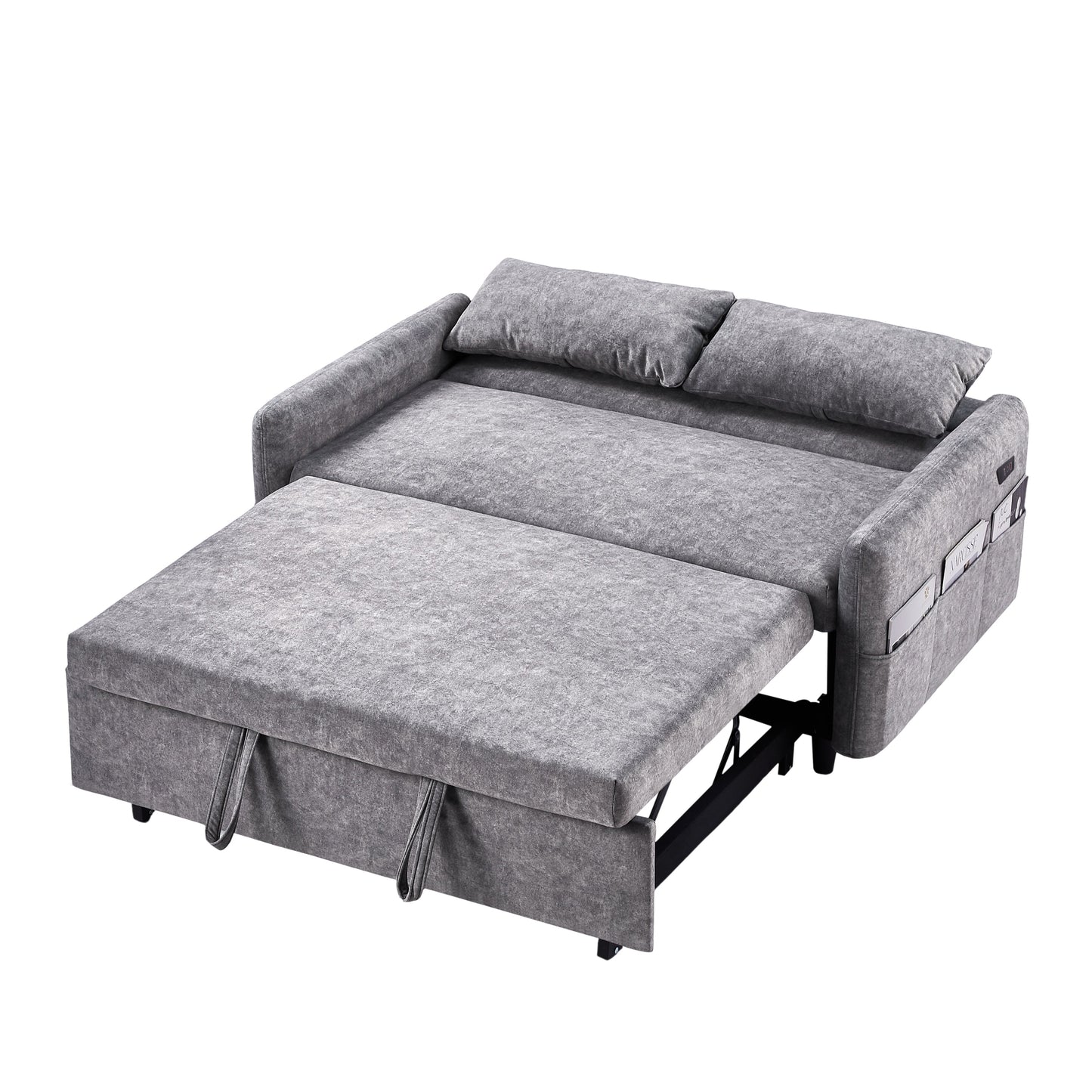 NEW Contemporary Grey Pull Out Sleep Sofa Bed Loveseat with Adjustable Backrest Storage Pockets USB Ports and 2 Soft Pillows