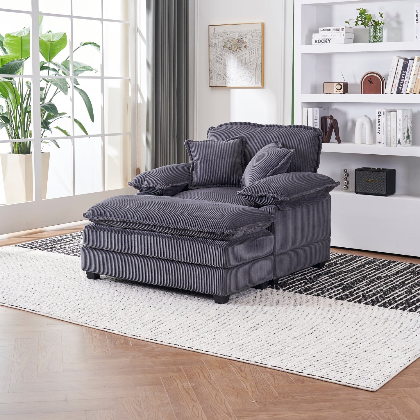 NEW 56.3 Inch Corduroy Single Comfy Deep Seat Couch Sofa with 2 Toss Pillows and Ottoman