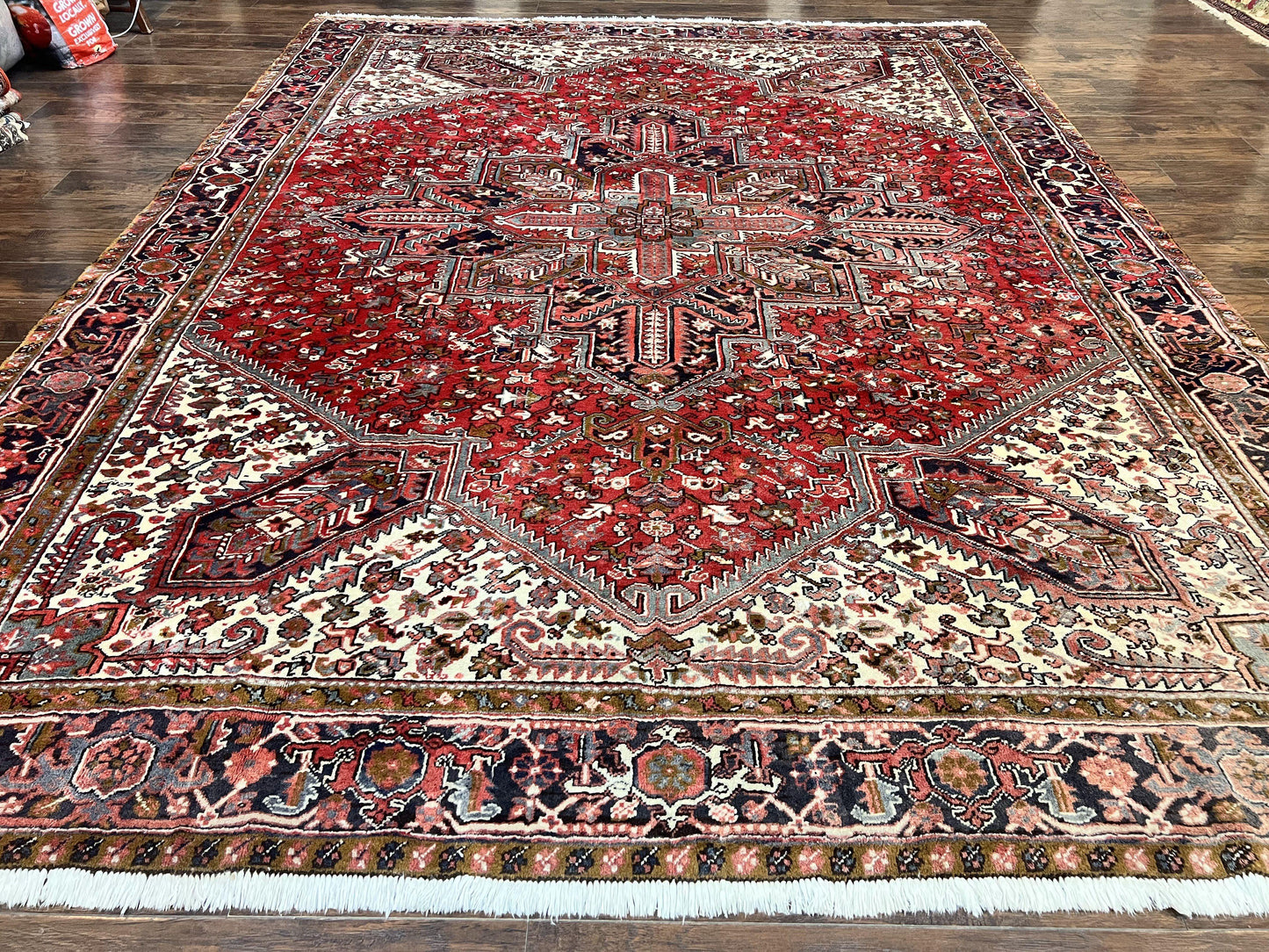 USED Large Persian Heriz Rug 10x13, Wool Hand Knotted Antique Carpet, Red and Ivory, Geometric Tribal Room Sized Rug, Decorative Oriental Rug