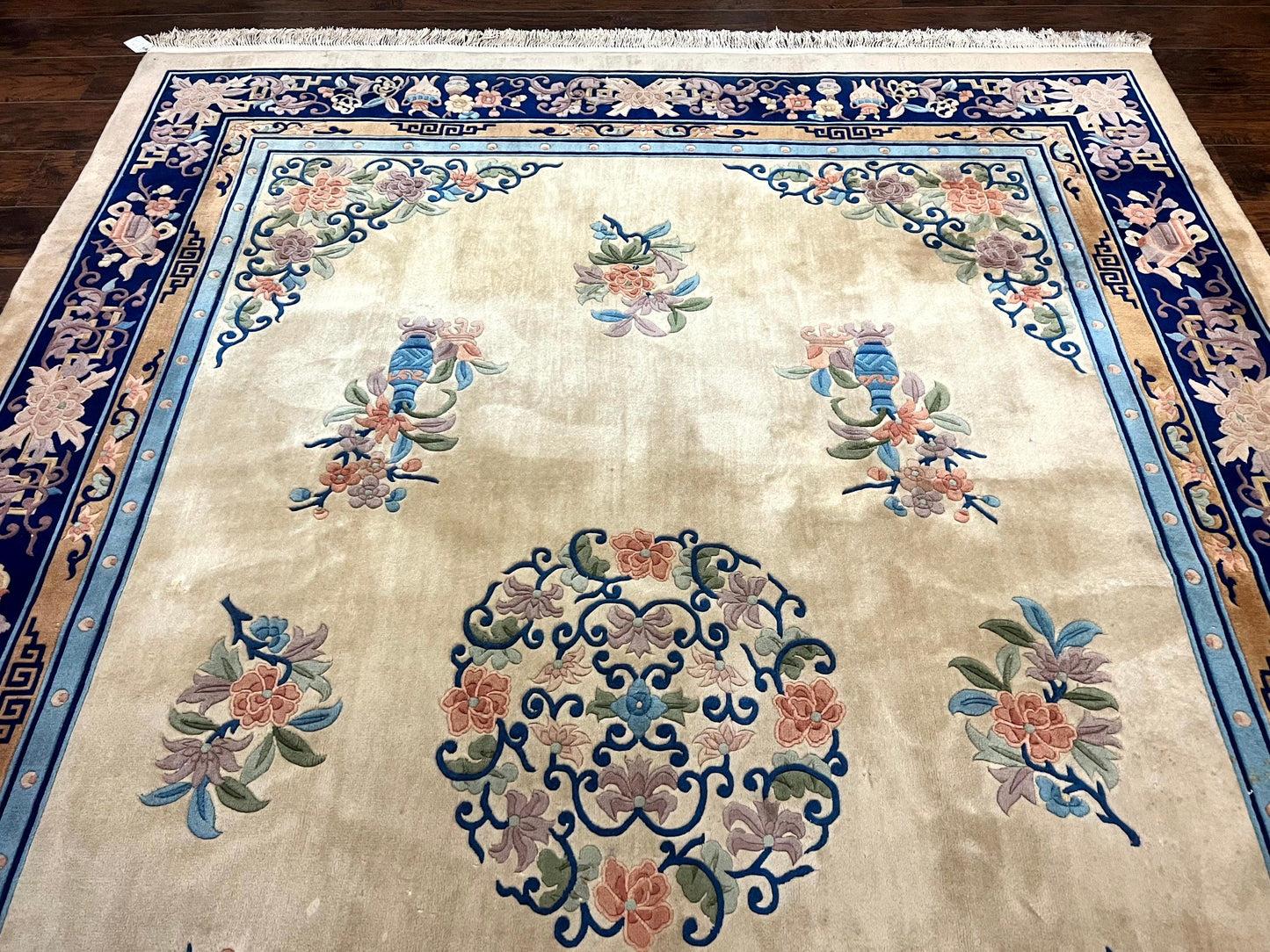 USED Chinese Wool Rug 8x11, Peking Asian Oriental Carpet, Cream/Ivory and Blue, Vintage Handmade Rug, Art Deco Rug