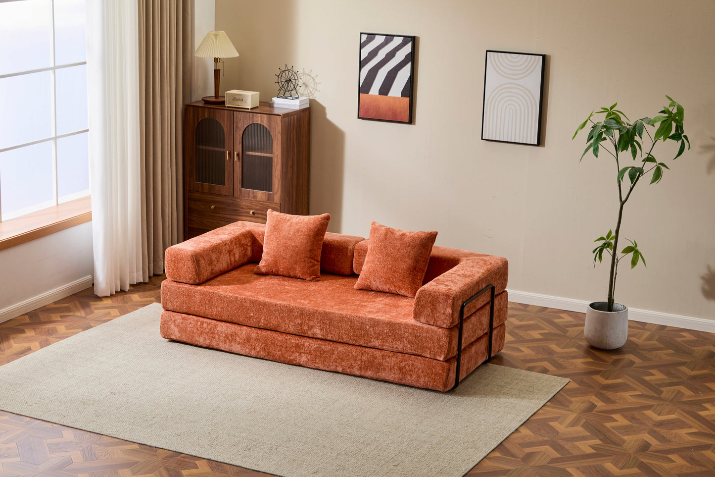 NEW Orange Chenille Fabric Comfy Futon Couch Lounge Sleeper Compression Convertible Floor Sofa Bed Couch with Pillow Back Support Armrest Bed