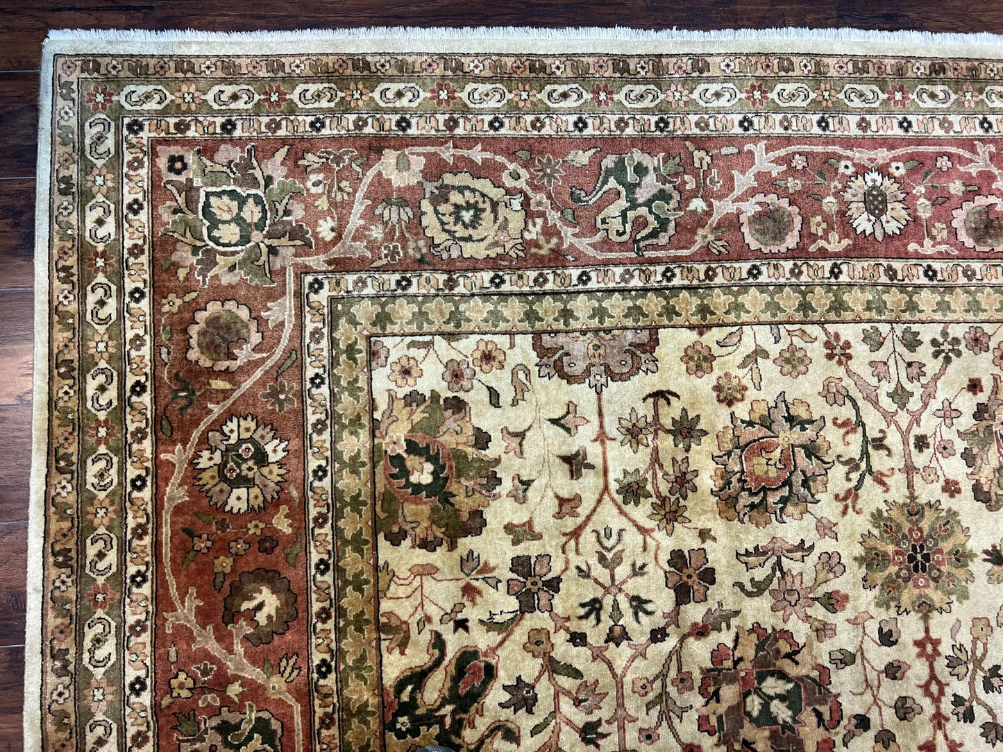 USED Large Indian Rug 10x14, Hand Knotted Indo Persian Gandehar Oriental Carpet, Vintage Wool Rug 10 x 14 ft Cream Red Floral Allover Traditional