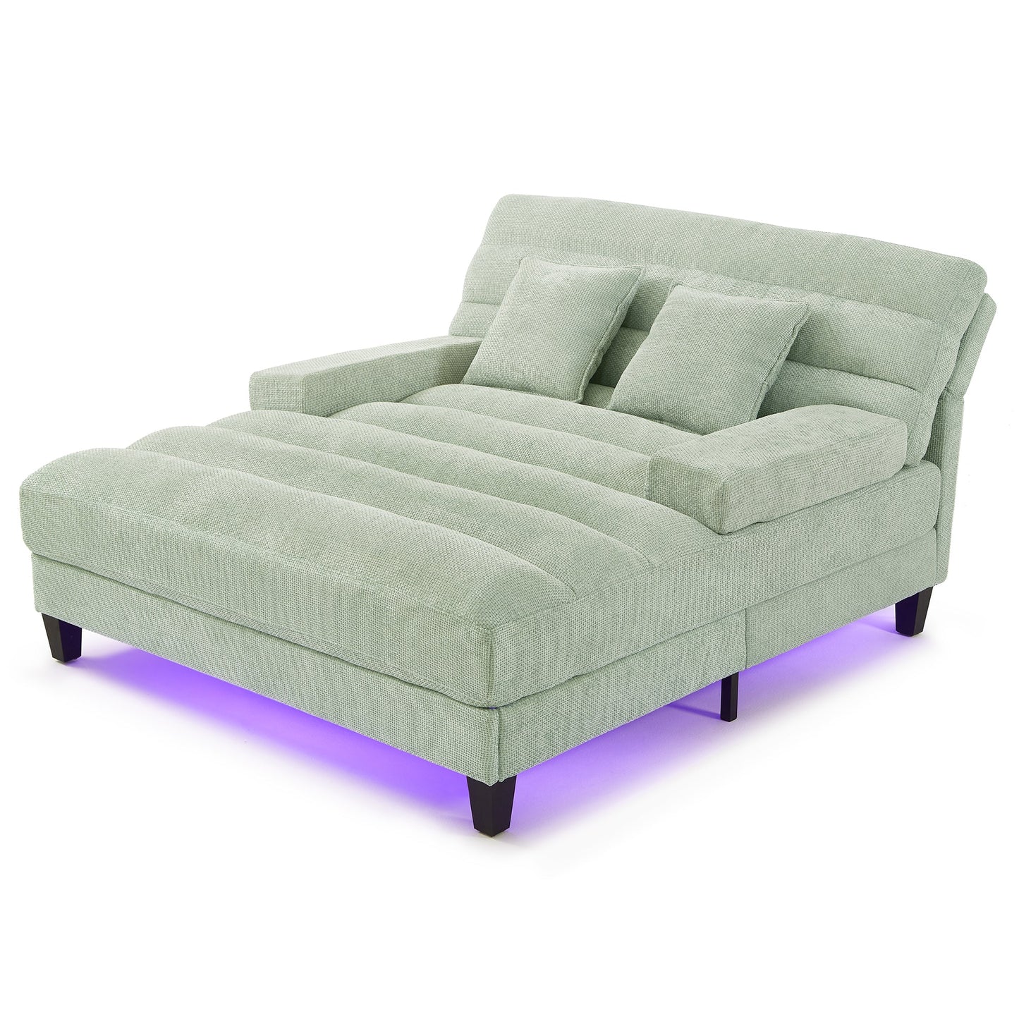 NEW Modern Chaise Lounge Sofa Bed with Adjustable Backrest and LED Light Strip, Green Chenille Upholstered, 57.1 Inches