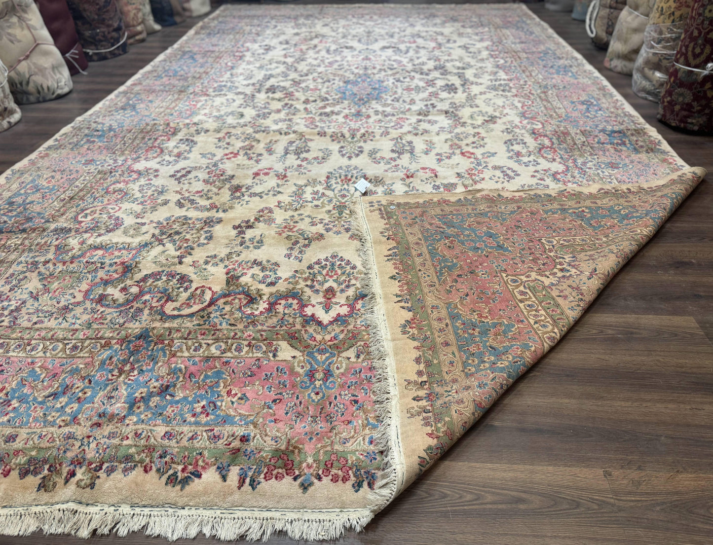 USED Palace Size Persian Kerman Rug 11x20 ft, Very Fine 340 KPSI, Vintage Oversized Wool Handmade Large Persian Carpet, Beige Light Blue Pink