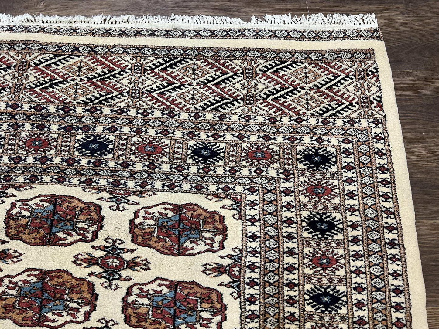 USED Pakistani Bokhara Rug 8x10, Traditional Turkoman Tribal Carpet, Allover Repeated Elephant Foot Motif, Ivory/Cream Black Red, Vintage Handmade