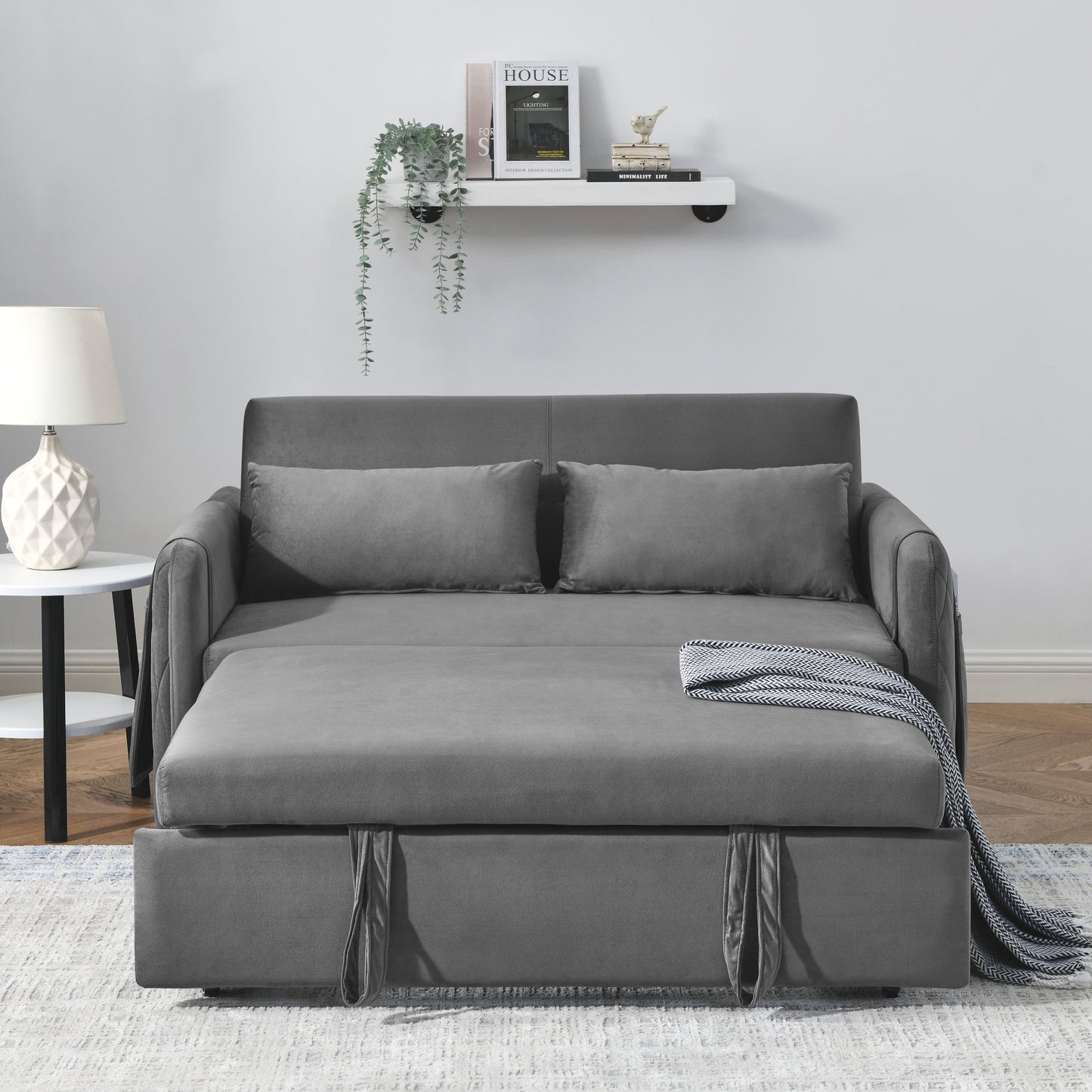 NEW 55' Modern Convertible Sofa Bed 2 Detachable Arm Pockets Velvet Loveseat Adjustable Backrest Grid Design Armrest Couch Sofa with Pull Out Bed and 2 Pillows
