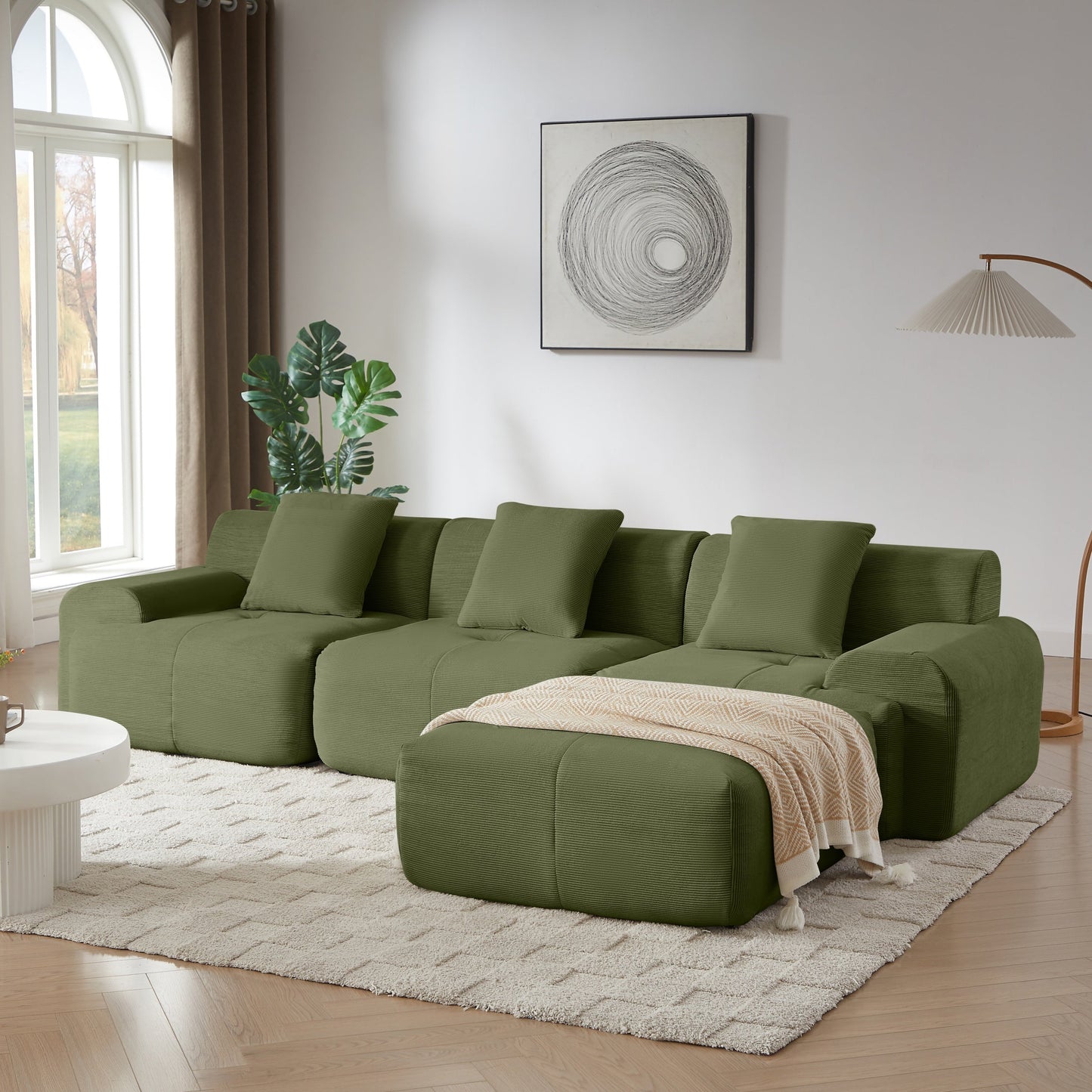 NEW Modern L-Shaped Modular Sectional Sofa in Green Corduroy, 113' Oversized 3-Seater with Deep Seat and Movable Ottoman – No Assembly Required