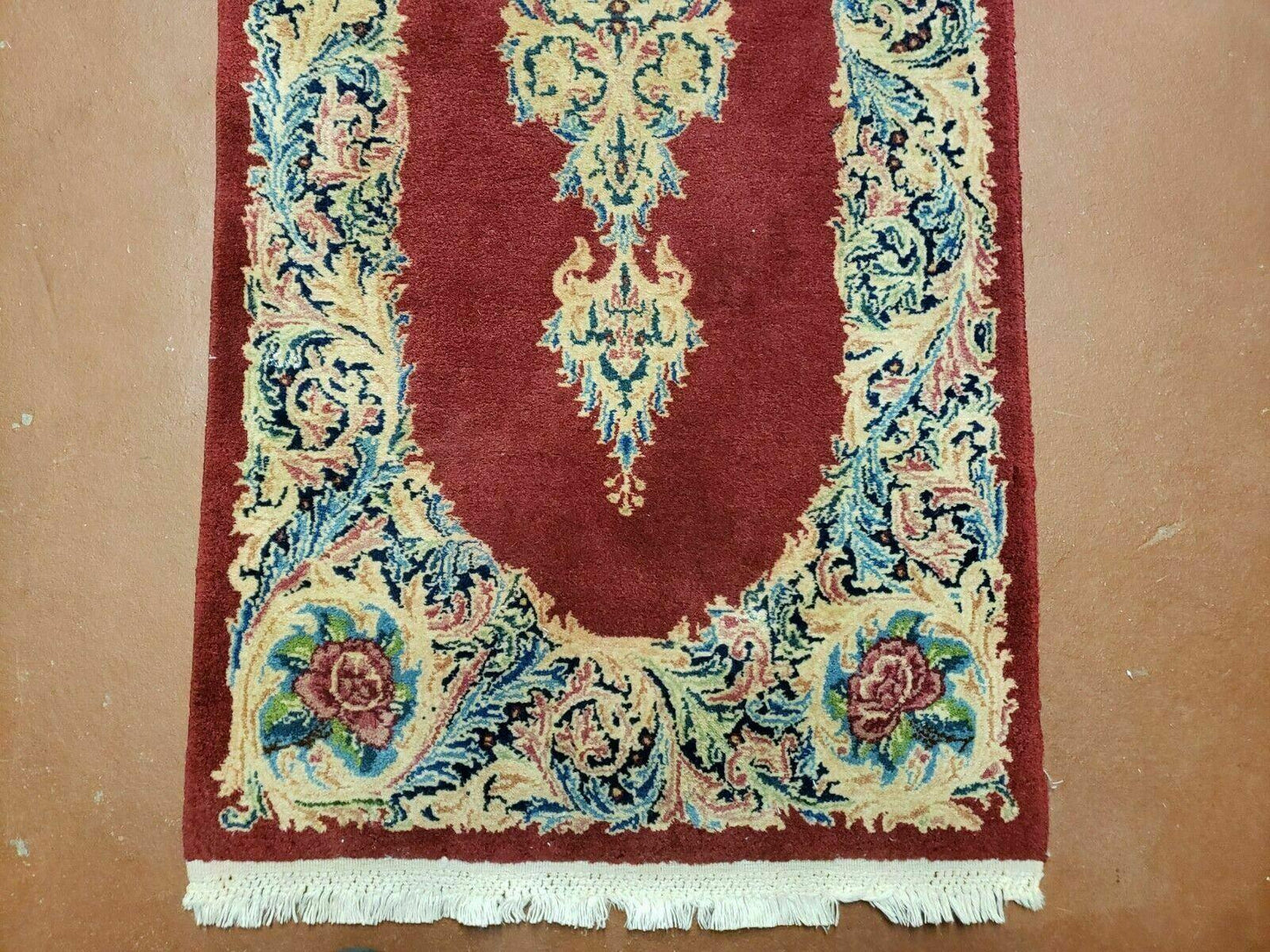 USED Small Persian Kirman Rug 2x4, Wool Oriental Vintage Handmade Carpet, Hand Knotted Floral Medallion, Red & Beige, Semi Open Field