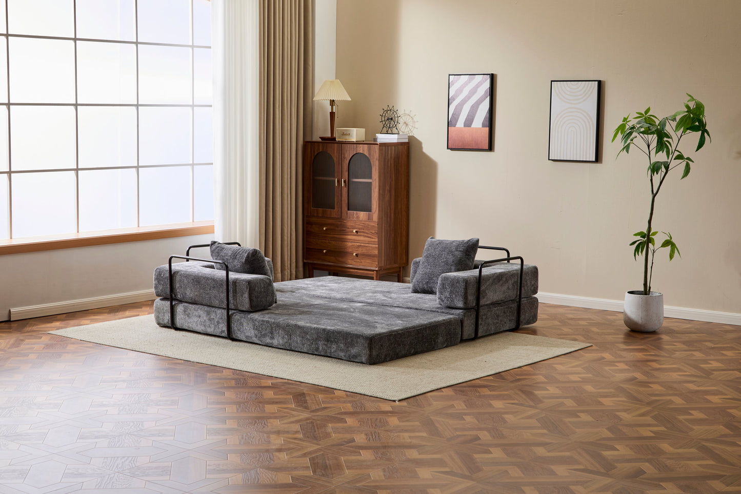 NEW Floor Couch,Compression Sofa,Convertible Floor Sofa Bed-with Pillow Back Support Armrest,Comfy Futon Couch Lounge Sleeper Bed,Chenile fabric,for Living Room Bedroom (DARK-GREY)