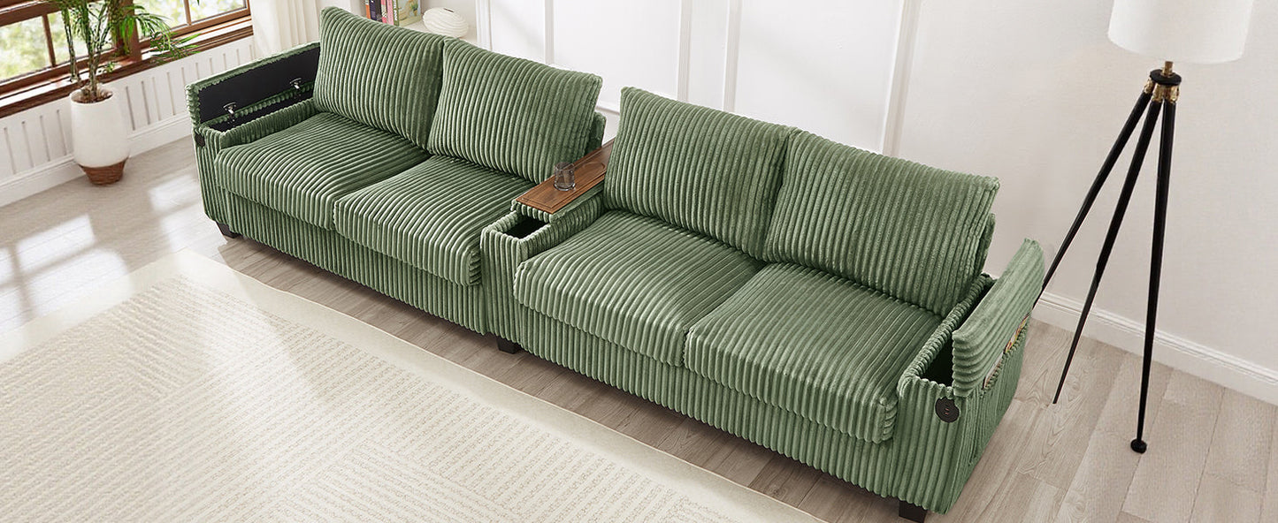 NEW Modern 4-Seater Green Corduroy Sofa with USB Ports Hidden Storage Arms and Flip-Top Cup Holders