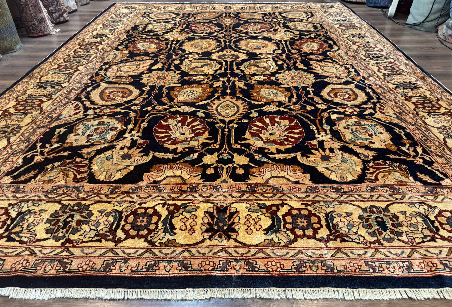 USED Pak Persian Bidjar Rug 10x13, Midnight Blue and Tan Pakistani Carpet