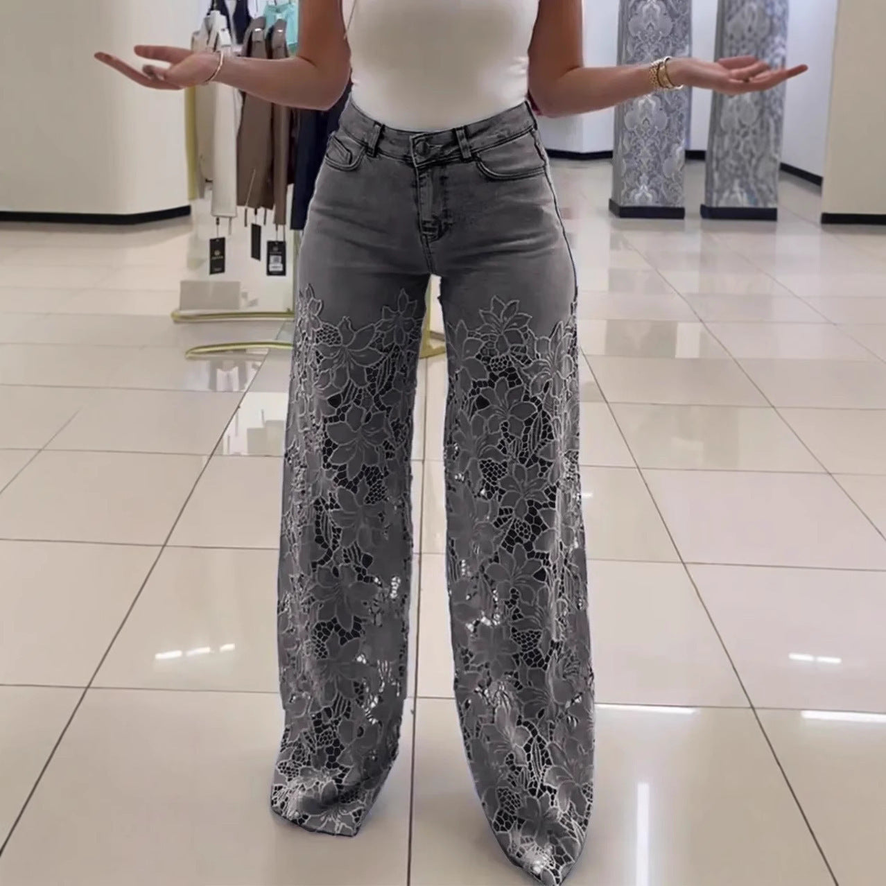 New Y2K Lace Flowers Hollow Jeans Fashion High Waist Straight Wide Leg Pants Solid Color Trousers Women's Clothing