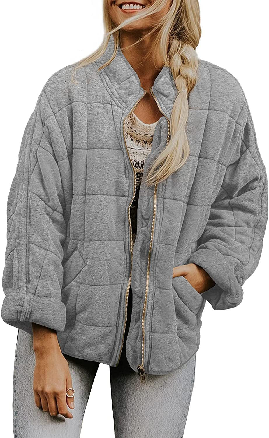 New Winter Zip-up Stand Collar Coat With Pockets Fashion Solid Color Plaid Long Sleeved Jacket Women's Clothing